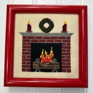 Vintage Needlepoint Red Framed Holiday Fireplace Handmade Cottagecore Mini 6x6